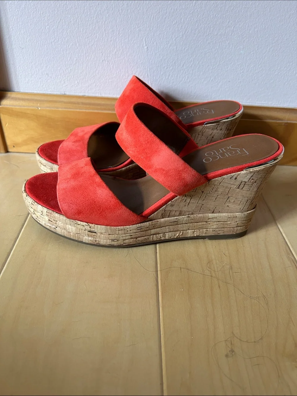 Franco Sarto Women’s Orange Red Suede Cork Platform Sandals 7.5